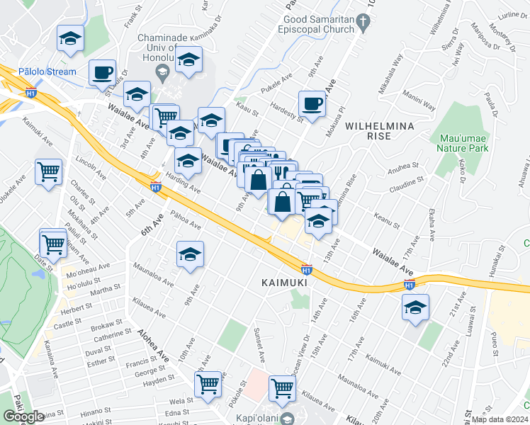 map of restaurants, bars, coffee shops, grocery stores, and more near 1125 10th Avenue in Honolulu