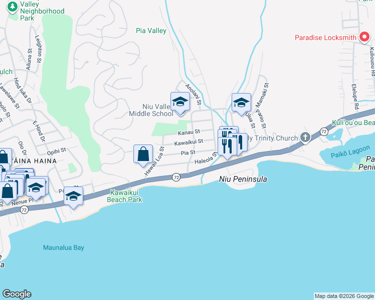 map of restaurants, bars, coffee shops, grocery stores, and more near 5552 Kawaikui Street in Honolulu