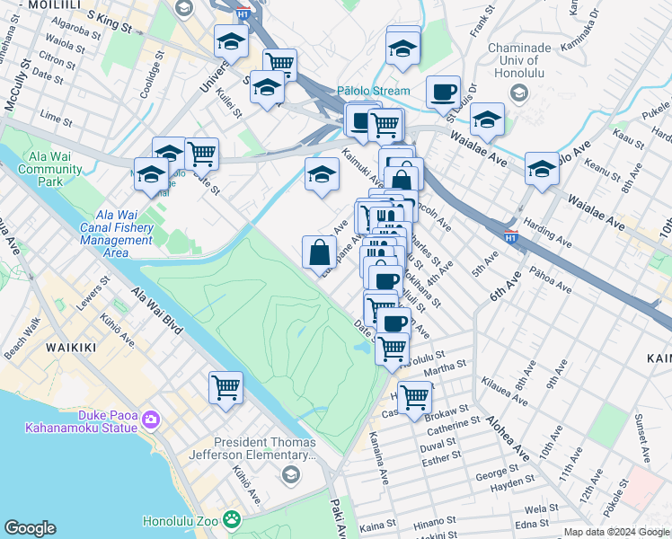 map of restaurants, bars, coffee shops, grocery stores, and more near 2823 Winam Avenue in Honolulu