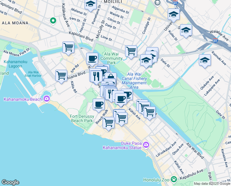 map of restaurants, bars, coffee shops, grocery stores, and more near 417 ʻOlohana Street in Honolulu
