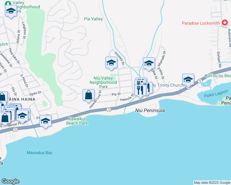map of restaurants, bars, coffee shops, grocery stores, and more near 5552 Kawaikui Street in Honolulu