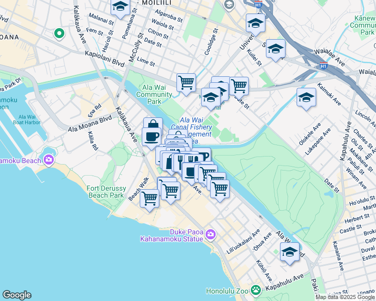 map of restaurants, bars, coffee shops, grocery stores, and more near 2171 Ala Wai Boulevard in Honolulu
