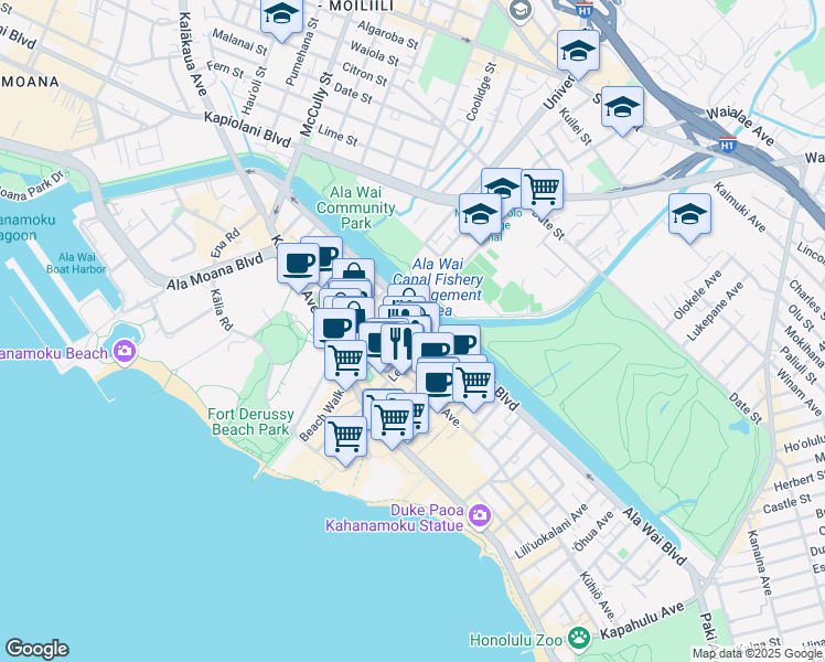map of restaurants, bars, coffee shops, grocery stores, and more near 2121 Ala Wai Boulevard in Honolulu