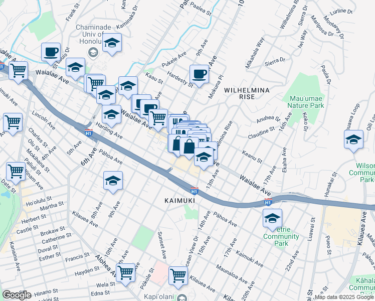 map of restaurants, bars, coffee shops, grocery stores, and more near 3546 Waialae Avenue in Honolulu