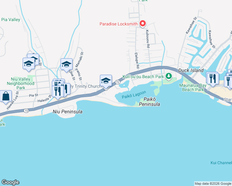map of restaurants, bars, coffee shops, grocery stores, and more near 5943 Kalanianaʻole Highway in Honolulu