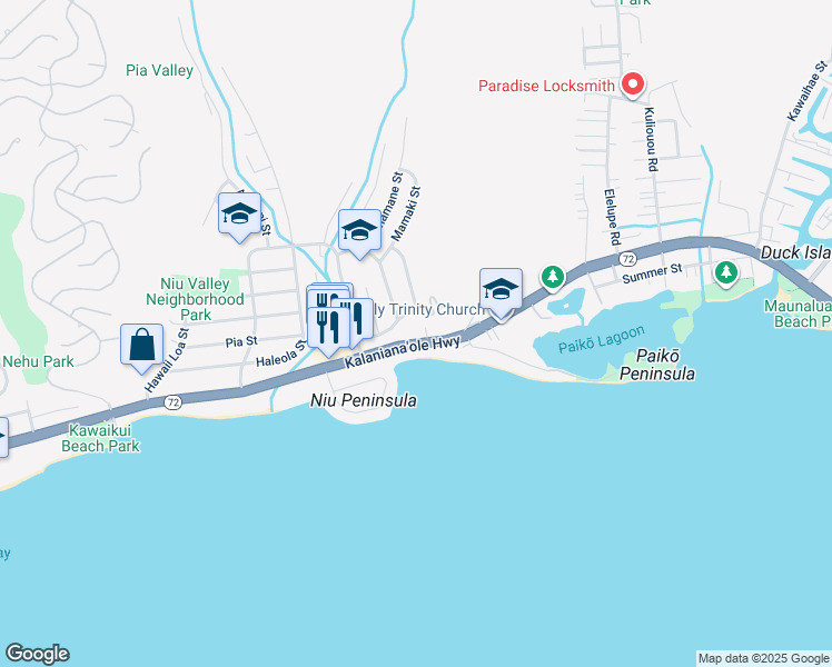 map of restaurants, bars, coffee shops, grocery stores, and more near 5855 Mahimahi Street in Honolulu