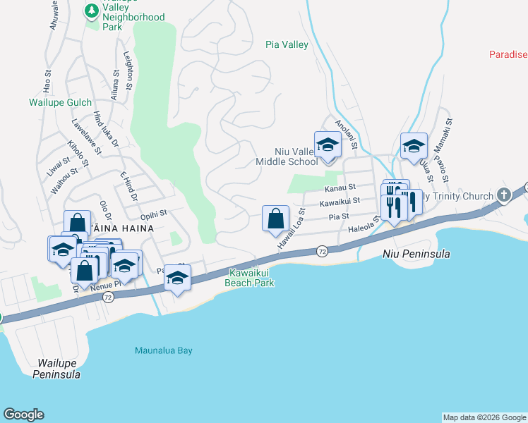 map of restaurants, bars, coffee shops, grocery stores, and more near 351-413 Lelekepue Pl in Honolulu