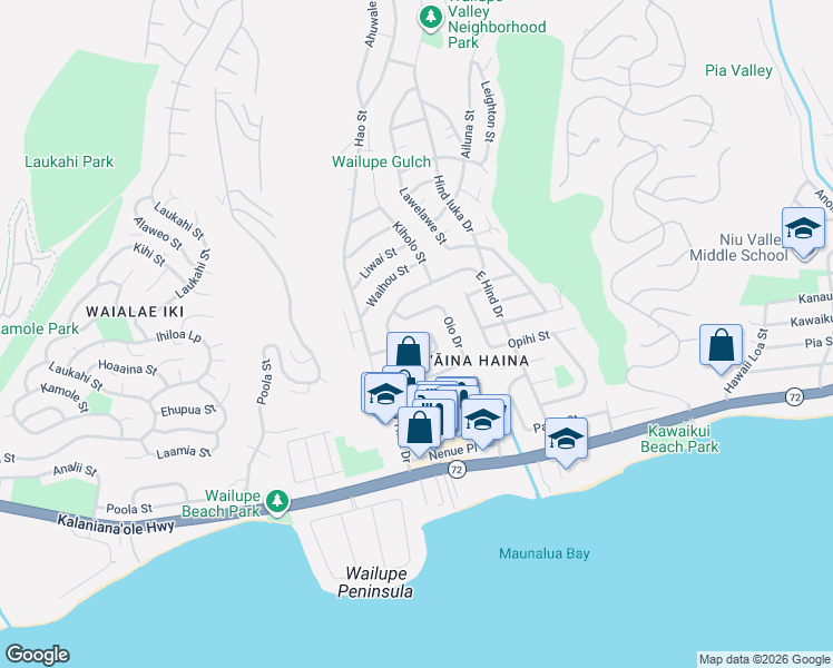 map of restaurants, bars, coffee shops, grocery stores, and more near 5429 Oio Dr in Honolulu