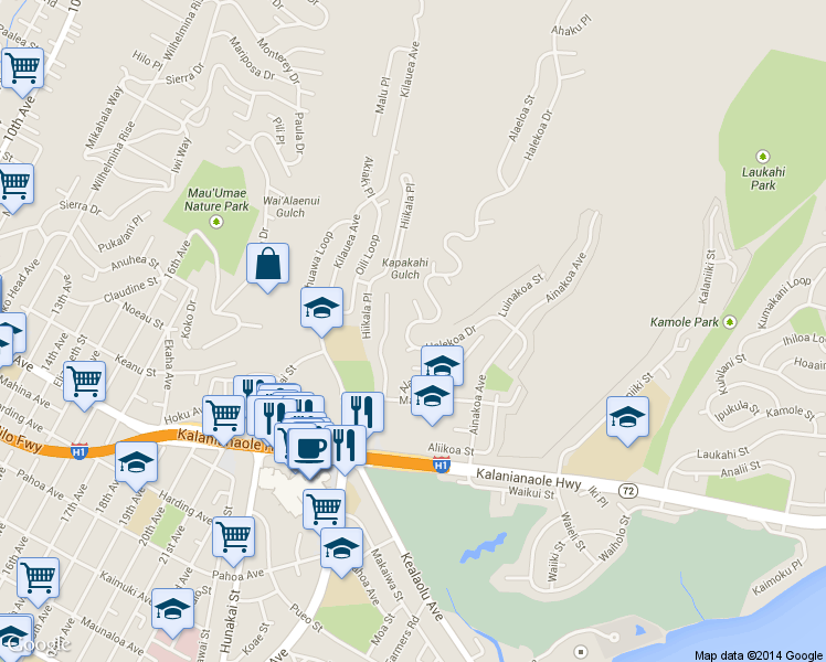 map of restaurants, bars, coffee shops, grocery stores, and more near 1570 Halekoa Drive in Honolulu