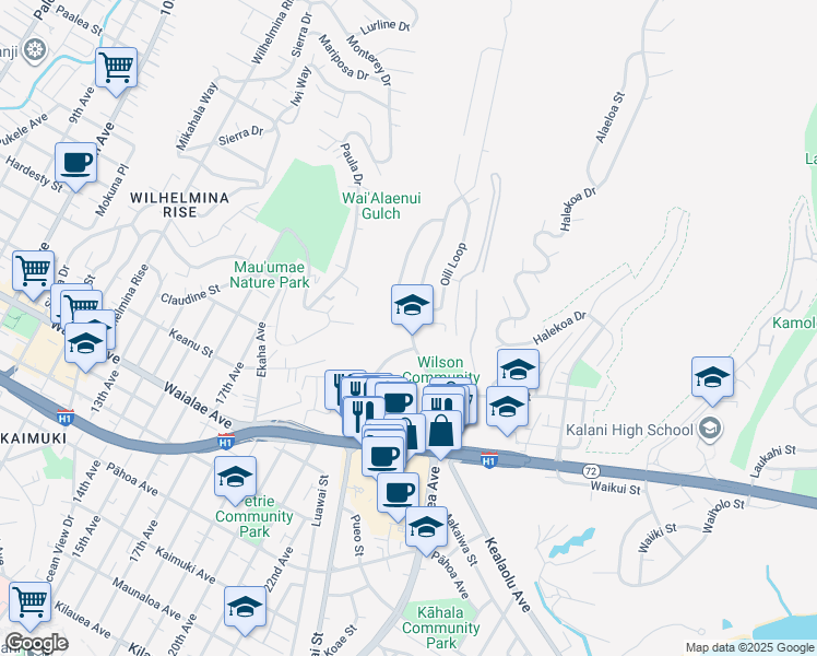 map of restaurants, bars, coffee shops, grocery stores, and more near 1411 Oili Loop in Honolulu
