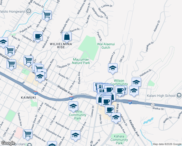 map of restaurants, bars, coffee shops, grocery stores, and more near 3959A Koko Drive in Honolulu