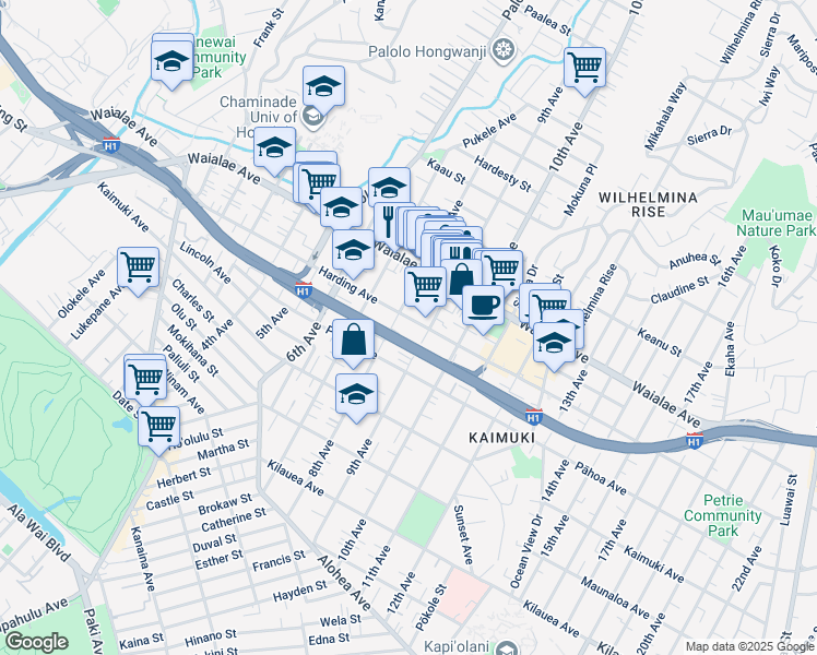 map of restaurants, bars, coffee shops, grocery stores, and more near 1060 8th Avenue in Honolulu