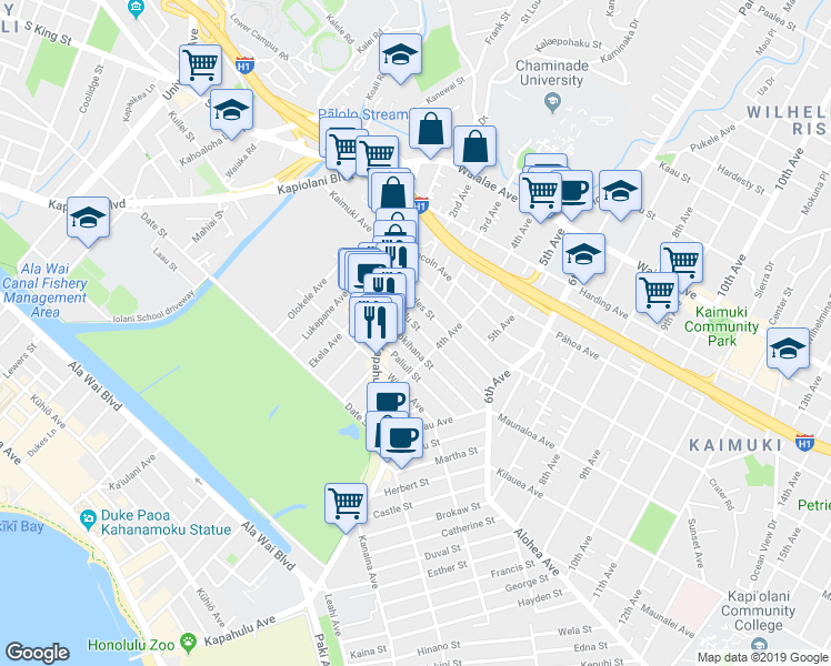 map of restaurants, bars, coffee shops, grocery stores, and more near 3171 Charles Street in Honolulu