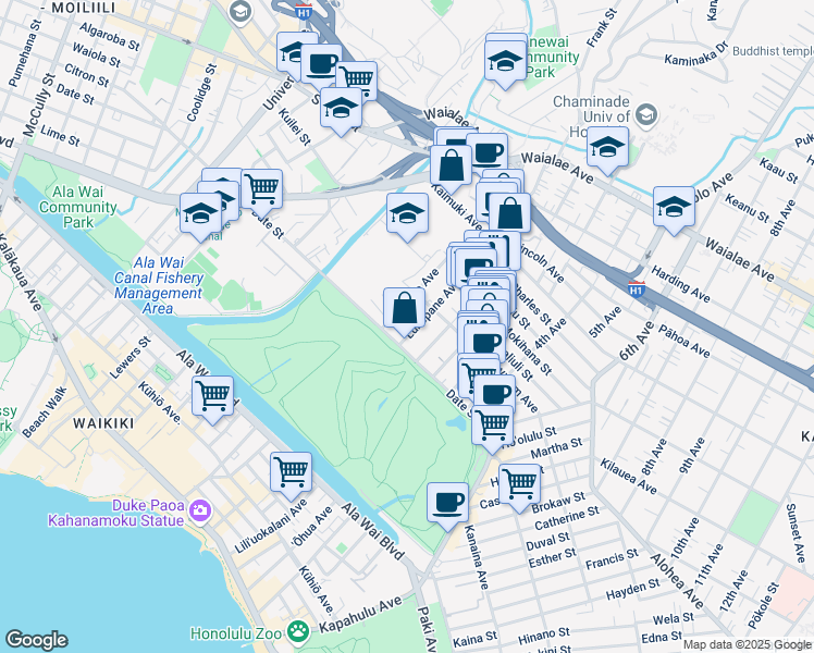 map of restaurants, bars, coffee shops, grocery stores, and more near 2823 Winam Avenue in Honolulu