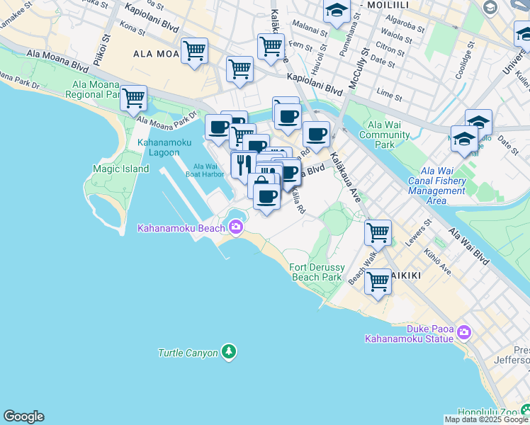 map of restaurants, bars, coffee shops, grocery stores, and more near 2005 Kālia Road in Honolulu