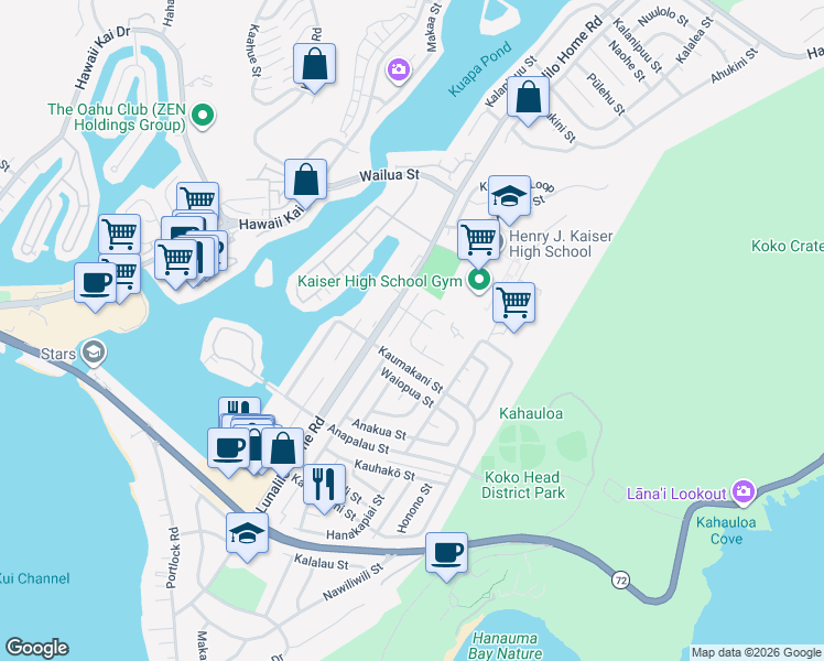 map of restaurants, bars, coffee shops, grocery stores, and more near 470 Kekauluohi Street in Honolulu