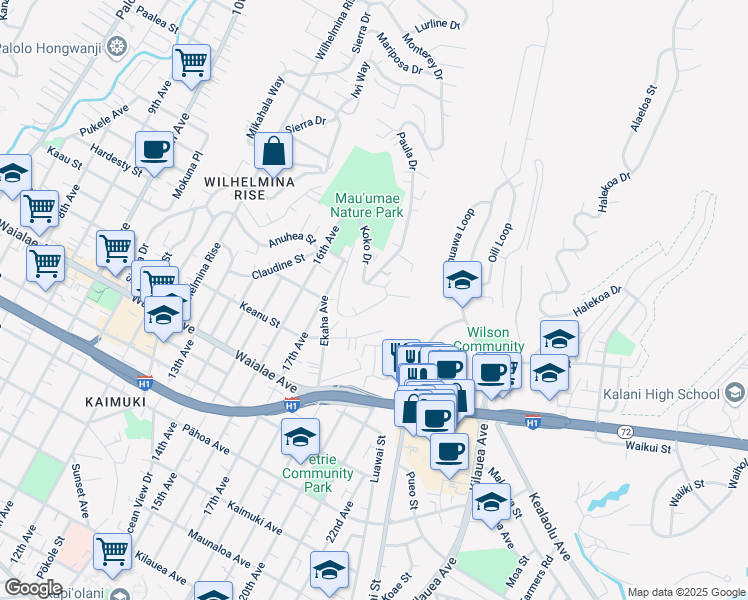 map of restaurants, bars, coffee shops, grocery stores, and more near 3959A Koko Drive in Honolulu