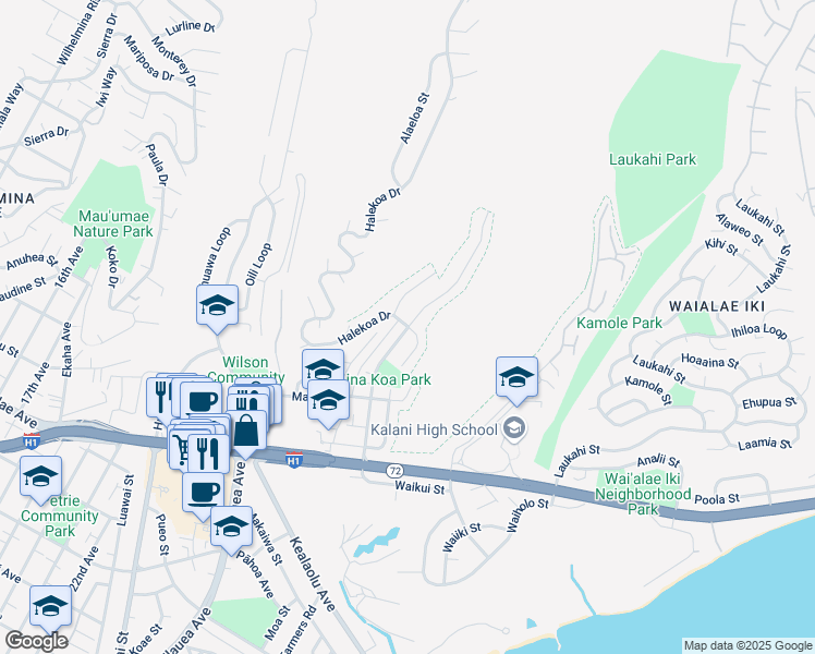 map of restaurants, bars, coffee shops, grocery stores, and more near Halekoa Dr & Ainakoa Ave in Honolulu