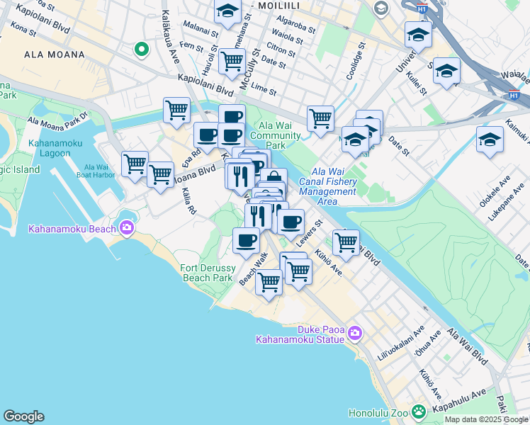map of restaurants, bars, coffee shops, grocery stores, and more near 2054 Kalakaua Avenue in Honolulu