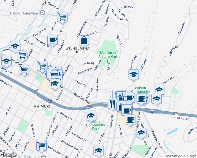 map of restaurants, bars, coffee shops, grocery stores, and more near 1421 Ekaha Avenue in Honolulu