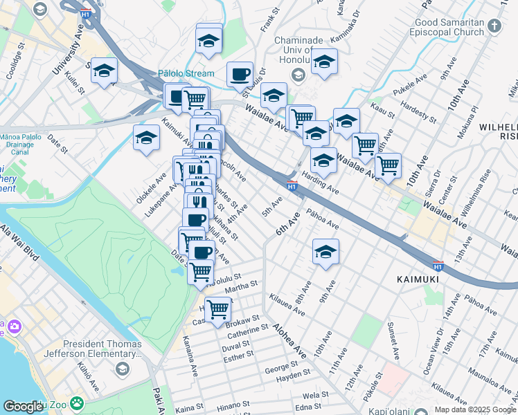 map of restaurants, bars, coffee shops, grocery stores, and more near 909 4th Avenue in Honolulu