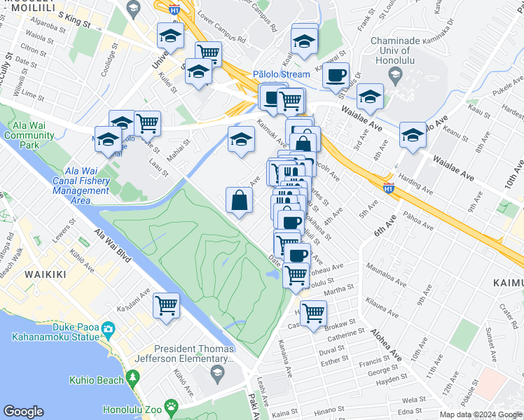 map of restaurants, bars, coffee shops, grocery stores, and more near 2823 Winam Avenue in Honolulu