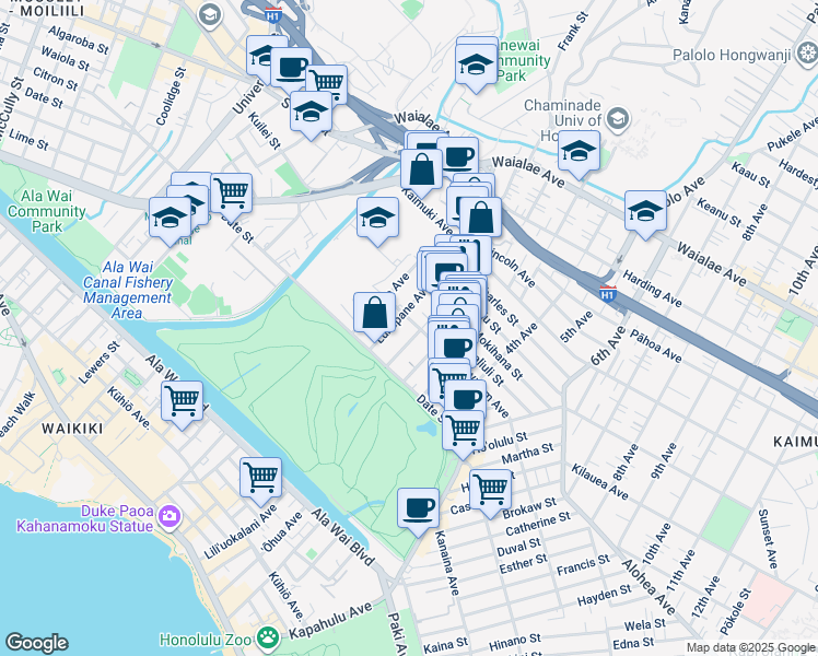 map of restaurants, bars, coffee shops, grocery stores, and more near 2823 Winam Avenue in Honolulu