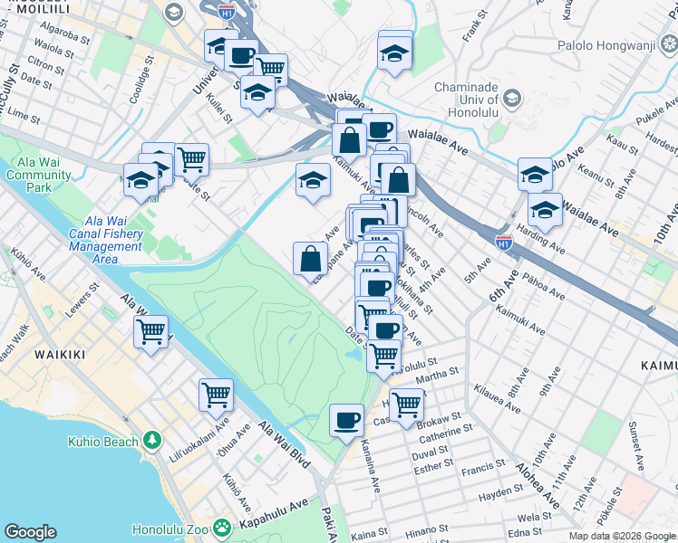 map of restaurants, bars, coffee shops, grocery stores, and more near 754 Ekela Avenue in Honolulu