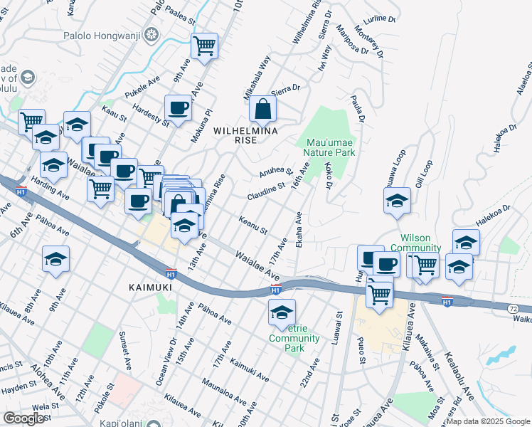 map of restaurants, bars, coffee shops, grocery stores, and more near 1344B 15th Avenue in Honolulu