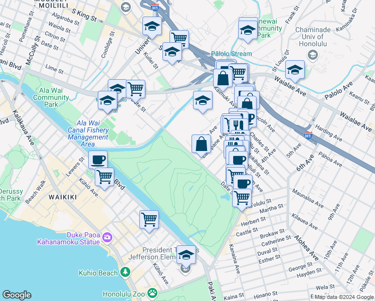 map of restaurants, bars, coffee shops, grocery stores, and more near 2750 Date St in Honolulu