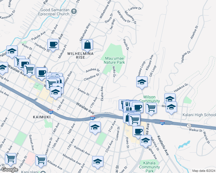 map of restaurants, bars, coffee shops, grocery stores, and more near 1421 Ekaha Avenue in Honolulu