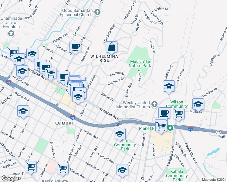 map of restaurants, bars, coffee shops, grocery stores, and more near 1344B 15th Avenue in Honolulu
