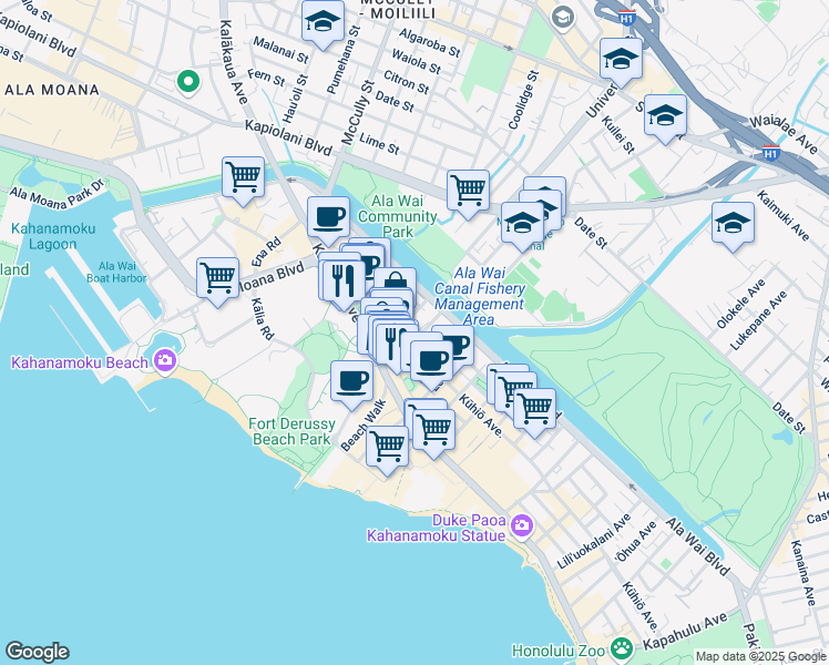map of restaurants, bars, coffee shops, grocery stores, and more near 417 ʻOlohana Street in Honolulu