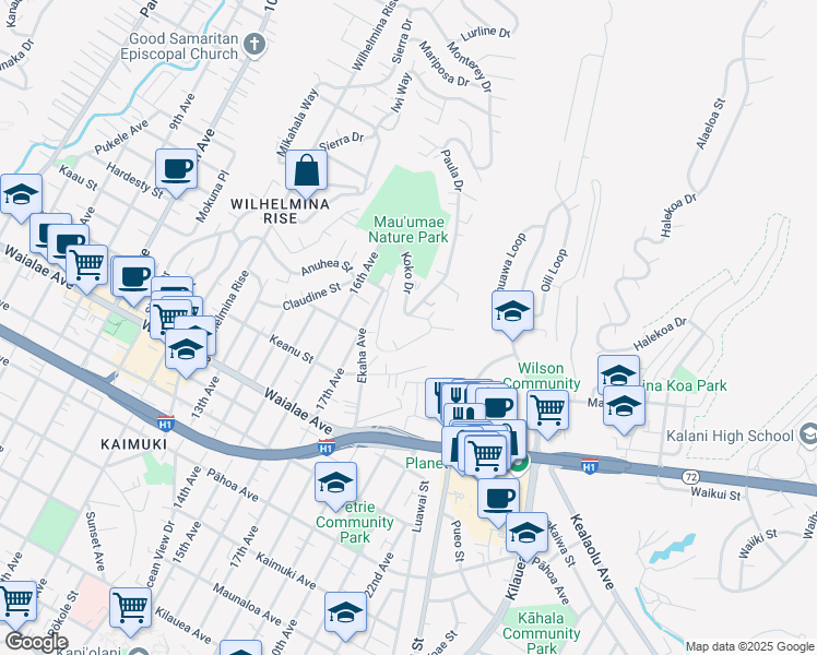 map of restaurants, bars, coffee shops, grocery stores, and more near 3959A Koko Drive in Honolulu