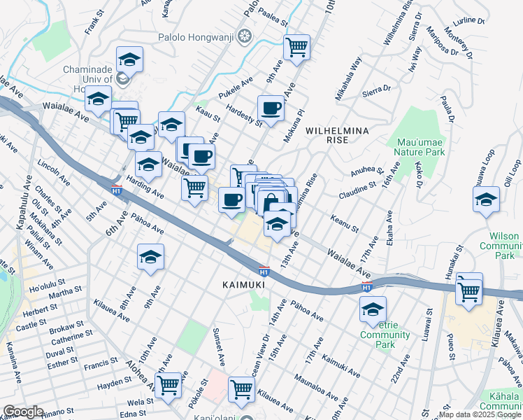 map of restaurants, bars, coffee shops, grocery stores, and more near 1229 Center Street in Honolulu
