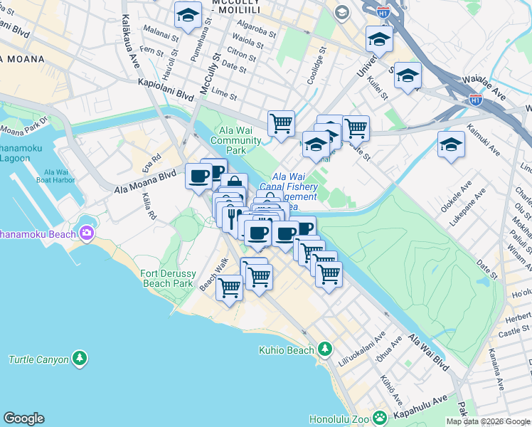 map of restaurants, bars, coffee shops, grocery stores, and more near 2121 Ala Wai Boulevard in Honolulu