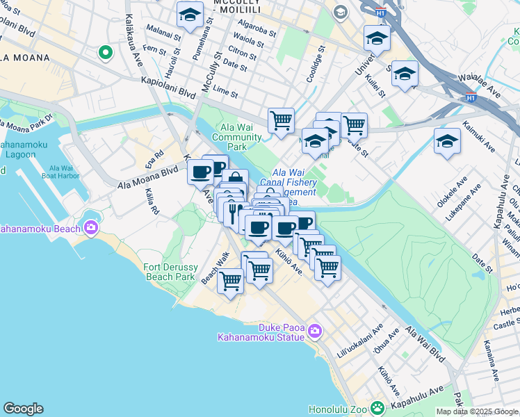 map of restaurants, bars, coffee shops, grocery stores, and more near 427 Launiu Street in Honolulu