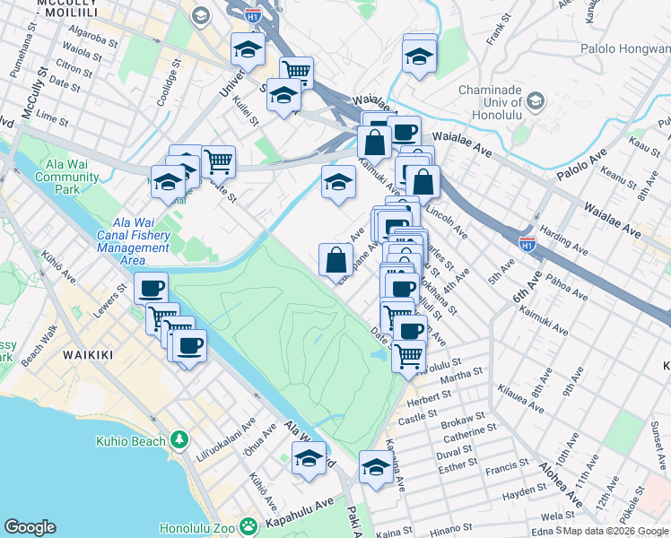 map of restaurants, bars, coffee shops, grocery stores, and more near 724D Olokele Avenue in Honolulu
