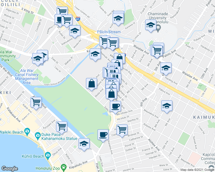 map of restaurants, bars, coffee shops, grocery stores, and more near 821 Ekela Avenue in Honolulu