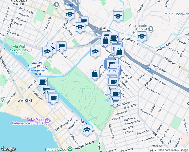 map of restaurants, bars, coffee shops, grocery stores, and more near 724D Olokele Avenue in Honolulu