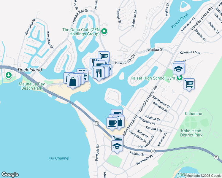map of restaurants, bars, coffee shops, grocery stores, and more near 607 Koko Isle Circle in Honolulu