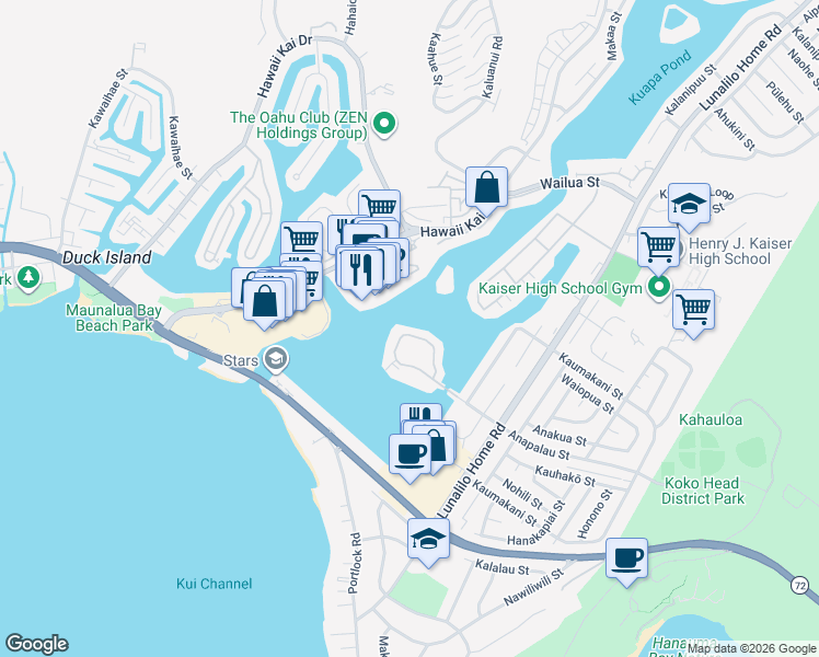 map of restaurants, bars, coffee shops, grocery stores, and more near 603 Koko Isle Circle in Honolulu
