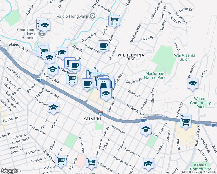 map of restaurants, bars, coffee shops, grocery stores, and more near 1229 Center Street in Honolulu