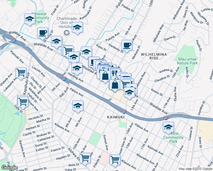 map of restaurants, bars, coffee shops, grocery stores, and more near 3473 Waialae Avenue in Honolulu