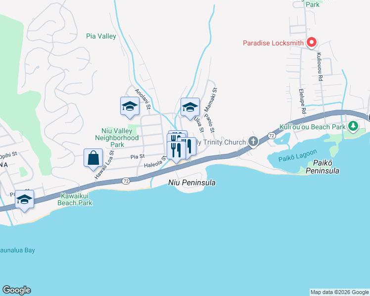 map of restaurants, bars, coffee shops, grocery stores, and more near 549 Halemaumau Street in Honolulu