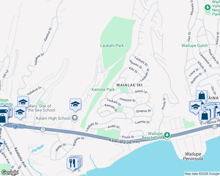 map of restaurants, bars, coffee shops, grocery stores, and more near 1714 Kumakani Loop in Honolulu