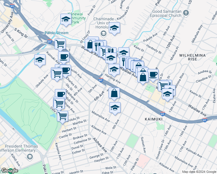 map of restaurants, bars, coffee shops, grocery stores, and more near 1021 6th Avenue in Honolulu