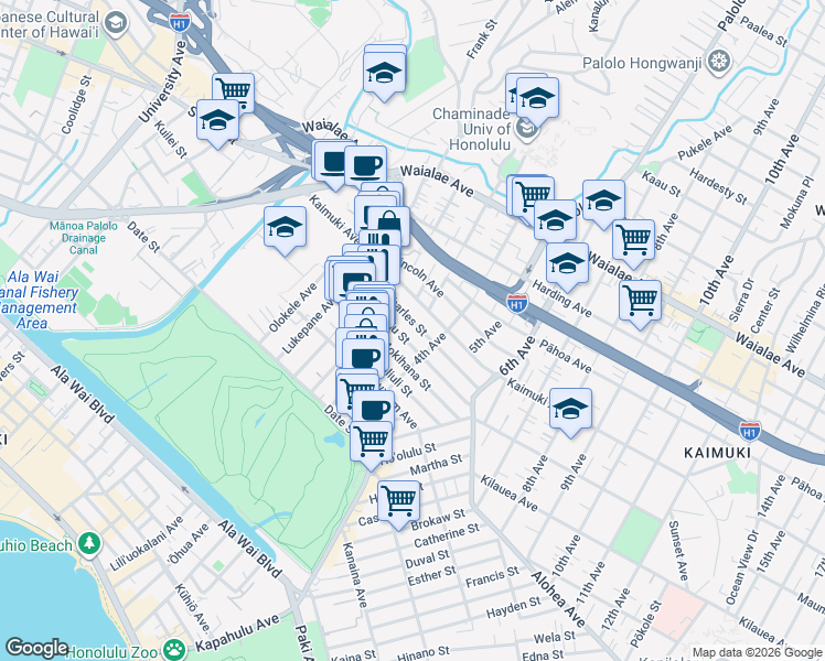 map of restaurants, bars, coffee shops, grocery stores, and more near 3171 Charles Street in Honolulu