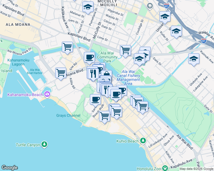 map of restaurants, bars, coffee shops, grocery stores, and more near 417 ʻOlohana Street in Honolulu