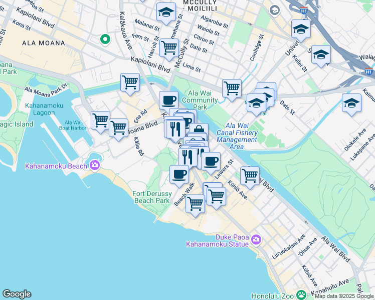 map of restaurants, bars, coffee shops, grocery stores, and more near 2054 Kalakaua Avenue in Honolulu